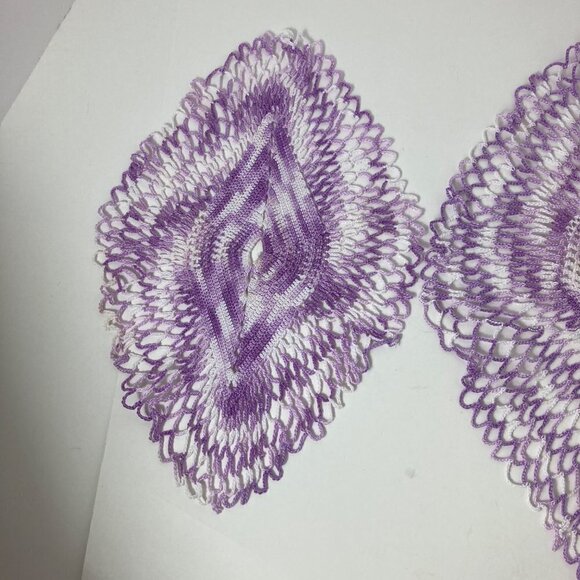 2 Purple White Crocheted Diamond Shaped Doilies - Picture 4 of 6
